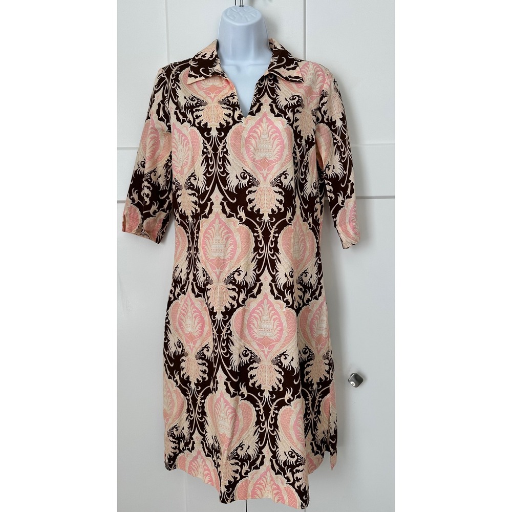J. McLaughlin Brown Pink Damask Cotton Shift Dress V-Neck 3/4 Sleeve Size 8